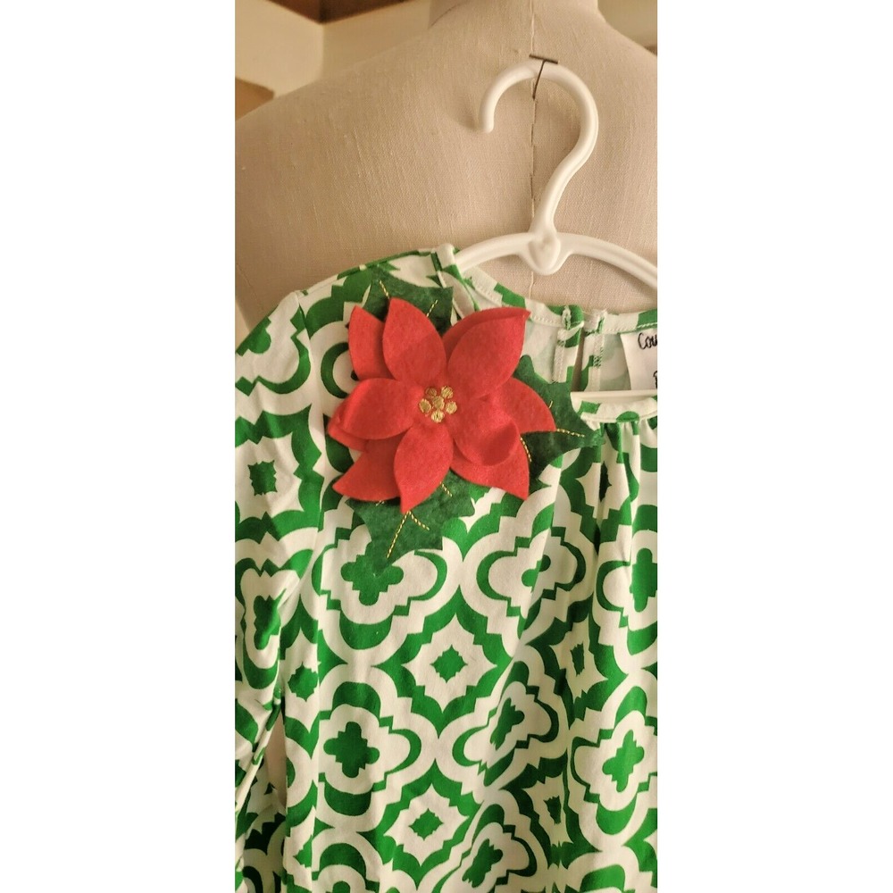 COUNTING DAISIES - Girls Green White Quatrefoil Poinsettia Holiday Dress Size 6x